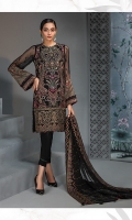 EMBROIDERED CHIFFON FRONT  EMBROIDERED CHIFFON BACK  EMBROIDERED CHIFFON SLEEVES EMBROIDERED CHIFFON DUPATTA  EMBROIDERED FRONT & BACK BORDERS  EMBROIDERED SLEEVES BORDER  EMBROIDERED SLEEVES ORGANZA PATCH  DYED TROUSER