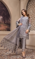 Embroidered Chiffon Front Panel Embroidered Chiffon Front & Back Side Panels Embroidered Chiffon Back Panel Embroidered Chiffon Sleeves Jamawar Viscose Dupatta Embroidered Dupatta Patch Embroidered Front, Back & Sleeves Border Dyed Raw Silk Trouser 