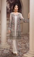 Embroidered Chiffon Front  Embroidered Chiffon Back Embroidered Chiffon Sleeves Embroidered Chiffon Dupatta Embroidered Front & Back Border Embroidered Sleeves Border Dyed Raw Silk Trouser 