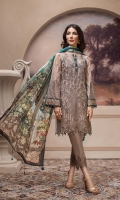 Embroidered Chiffon Front  Embroidered Chiffon Back Embroidered Chiffon Sleeves Digital Printed Pure Silk Tissue Dupatta Embroidered Front & Back Border Embroidered Sleeves Border Dyed Raw Silk Trouser 