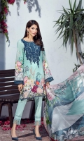 Digital Printed Lawn Front Digital Printed Lawn Back Digital Printed Sleeves Embroidered Neck Patch Embroidered Front Border Patch Digital Printed Tissue Silk Dupatta Dyed Trouser