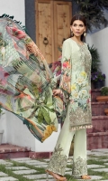 Digital Printed Lawn Front Digital Printed Back Digital Printed Sleeves Embroidered Neck Patch Embroidered Front Border Patch Embroidered Trouser Patch Digital Printed Pure Chiffon Dupatta Dyed Trouser