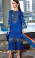 Printed Lawn Shirt : 3 Meters Printed Lawn Dupatta : 2.5 Meters Dyed Lawn Trouser : 2.5 Meters