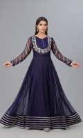 Navy Blue Khaddi frock with front body mirror work embellishment and sitaara work on sleeves finished daaman with multiple layers of samosa lace.