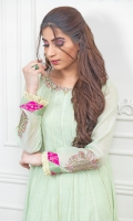 Mint green paper cotton frock with neck and sleeves embellished work, followed by jamawar criss cross finishing on sleeves and jamawar and gota plus lace finishing on daaman.