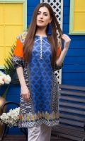 Fabric: Lawn  Color: Blue and orange  Boat Neckline  Printed front