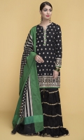 Printed & Embellished wider width Lawn Shirt Front(1.25m), Printed wider width Lawn Shirt Back(1.50m), Jacquard Dupatta(2.50m), Dyed Cambric Shalwar(2.50m)