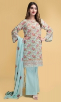 Printed Swiss Lawn Shirt(2.75m)  Dyed And Embroidered Chiffon Dupatta(2.50m)  Dyed Cambric Shalwar(2.50m)