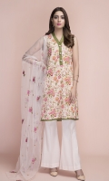 Printed wider width Lawn Shirt(2.50m) Dyed & Embroidered Poly Net Dupatta(2.50m) Dyed Cambric Shalwar(2.50m)