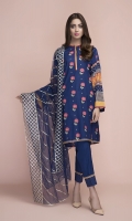 Printed Wider Width Lawn Front(1.25m) Printed Wider Width Lawn Back(1.25m) Dyed & Embellished Poly Net Dupatta(2.50m) Dyed Cambric Shalwar(2.50m)