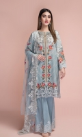 Printed wider width Lawn Shirt(2.35m) Dyed & Embroidered Poly Net Dupatta(2.50m) Dyed Cambric Shalwar(2.50m)