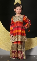 printed peplum top with tassels details on sleeves paired with printed sharara