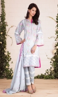 Printed & embroidered cotton lawn dupatta (2.5) Printed Wider Width cotton lawn shirt (2.5) Dyed cambric shalwar (2.5)
