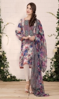 Printed Wider Width cotton lawn shirt (2.5) Embroidered organza lace (1.75) Dyed cambric shalwar (2.5) Printed crinkle chiffon dupatta (2.5)