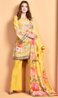 Digital Printed wider width cotton lawn shirt(3.00m) Printed silk dupatta(2.50m) Dyed cambric shalwar(2.50m)