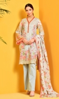 Printed and embroidered wider width cotton lawn shirt front(1.00m) Printed wider width cotton lawn shirt back(1.25m) Printed and embroidered cotton lawn dupatta(2.50m) Dyed cambric shalwar(2.50m)