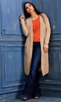 A light weight warm beige chunky knit long length cardigan with long sleeves and front pockets