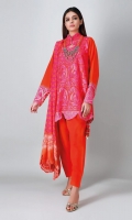 A bright orange 3 piece unstitched light khaddar outfit with floral prints.