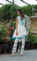Shirt Front: Embroidered/Printed - 1.25 Meters Shirt Back: Printed - 1.25 Meters Dupatta: Net/Embroidered/Printed - 2.5 Meters Sleeves: Printed - 1 Pair Trouser: Printed - 2.5 Meters