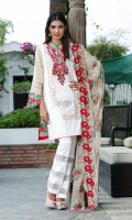 Shirt Front: Embroidered/Printed - 1.25 Meters Shirt Back: Printed - 1.25 Meters Dupatta: Net/Embroidered/Printed - 2.5 Meters Sleeves: Printed - 1 Pair Trouser: Printed - 2.5 Meters