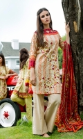 Shirt Front: Embroidered/Printed - 1.25 Meters Shirt Back: Printed - 1.25 Meters Dupatta: Chiffon/Printed - 2.5 Meters Sleeves: Printed - 1 Pair Trouser: Dyed - 2.5 Meters