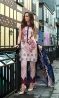 Shirt Front: Embroidered/Printed - 1.25 Meters Shirt Back: Printed - 1.25 Meters Dupatta: Chiffon/Printed - 2.5 Meters Sleeves: Printed - 1 Pair Trouser: Dyed - 2.5 Meters Border: Embroidered - 1 Piece