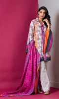 Shirt Front: Embroidered/Printed- 1.25 Meters Shirt Back: Printed - 1.25 Meters Dupatta: Printed - 2.5 Meters Sleeves: Printed - 1 Pair Trouser: Dyed - 2.5 Meters