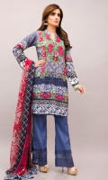 Digital print lawn shirt with a denim effect with floral placement and a matching print silk dupatta. It comes with blue boot leg trousers with organza extensions& embroidery.