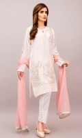 A vision in white! Soft and pretty white cotton net shirt with soft delicate embroidery and pearl embellishment. It comes with a pink chiffon dupatta for a hint of color,finished with green and silver piping.