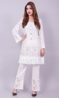The perfect white shirt this summer! Textured cotton net, pleating, lace, crystal buttons straight kurta with a beautiful embroidery on hem.
