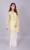The pretty yellow, the soft net fabric, the creme embroidery with cut work and silver crystal buttons, all lands this one amongst our favorites this season. Pair with our gharara pants( like model kk-00B ) in creme, some scarlet lipstick, pearl earrings and soft curls and you are ready to rock this summer in style.