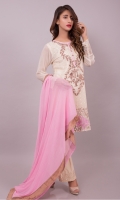 Classic crème chiffon shirt with all over embroidered front with pearls and pink accents and embroidered organza back. It comes with a soft pink dupatta and pearl buttons & finishings.