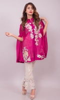 Cobalt dark pink cape in cotton net in a modern cut with a surreal oriental embellishment on front. Pair it with your jumpsuits or skinny jeans for a modern look, or a pair of raw silk bell bottoms and plain shirt for a more dressed up smart look.