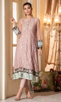 Tea pink embroidered net frock, with gold lace inserts, yoke insert neckline with buttons, while adding color and life are the plum and aqua borders with embroidery on hem and sleeves