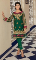 Bottle green organza shirt with beautiful dori embroidery & a multi color floral embroidered border on neckline, sleeves and hem. It comes with a slip and fitted trousers with pleating on hem.