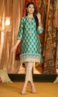 Custom made turquoise color jamawar cotton net shirt with embroidered neckline, sleeves and hem in gold and fawn.