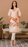 Peach chikan shirt with multi color embroidery ,white laces and net detail.
