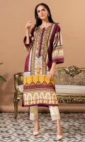 Digital print lawn shirt with square armholes, it has dori work on neckline with loops and buttons in deep plum.