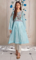 A line frock with intricate mughal inspired ebroidery on the yoke on blue stripped cotton fabric