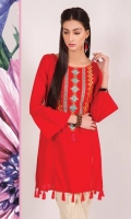 A lovely red shirt in soft lawn fabric with contrasting tribal embroidery on neckline , tassel detail and bell shaped sleeves. It’s a fun number for both the young, and the young at heart .