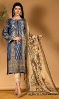 Custom made jacquard shirt with gold pattern in a lovely shade of blue and a detailed embroidered neckline. It comes with a digital print chiffon dupatta.