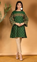 Bottle green woven silk cotton shirt with and elaborate embroidery all over, with heavy embroidered sleeves and an organza frill on neckline.