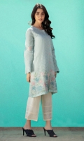 Soft blue self textured jacquard shirt with delicate embroidery on hem and sleeves,pink loops and pleating detail on sleeves.
