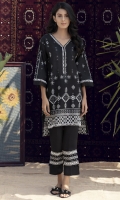 Straight fit black&white lawn shirt with lace detail and pearl & crystal finishing on neckline.