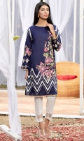 Deep navy blue lawn shirt with white embroidery and sequins chevrons and multi color rendered floral motifs.