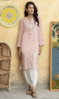 Light ,soft and pretty pink summer shirt with muted embroidery on neckline and hem, lace detail on sleeves and tassel finishing.