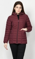 Puffer jacket with lining Long sleeves with elasticized cuffs Hood with draw strings Front pockets Front zip closure Color: Maroon