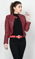 Leather jacket with lining Front zip closure Long sleeves Color: Maroon