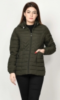 Puffer jacket with lining Long sleeves with elasticized cuffs Hood with draw strings Front pockets Front zip closure Color: Dark Green