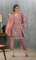 Shirt: Front: Embroidered/Dyed	1.25 Meters Shirt: Back: Embroidered/Dyed	1.25 Meters Dupatta: Printed	2.5 Meters Sleeves: Embroidered/Dyed	1 Pair	 Trouser: Dyed 2.5 Meters Weight: 1.3 kg